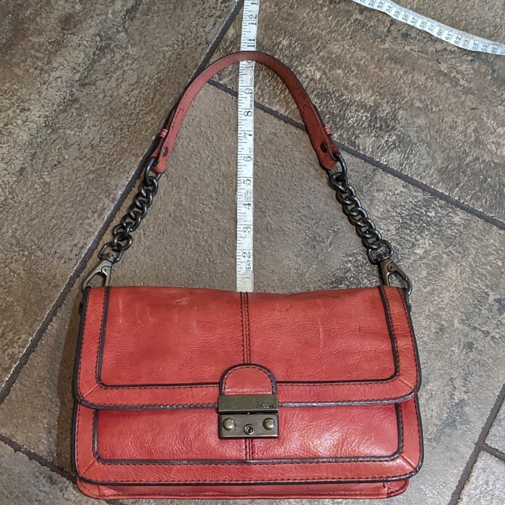 Vintage Fossil Y2K Leather Flap Chain Strap Baddie Shoulder Bag Pinky Red - Picture 16 of 16
